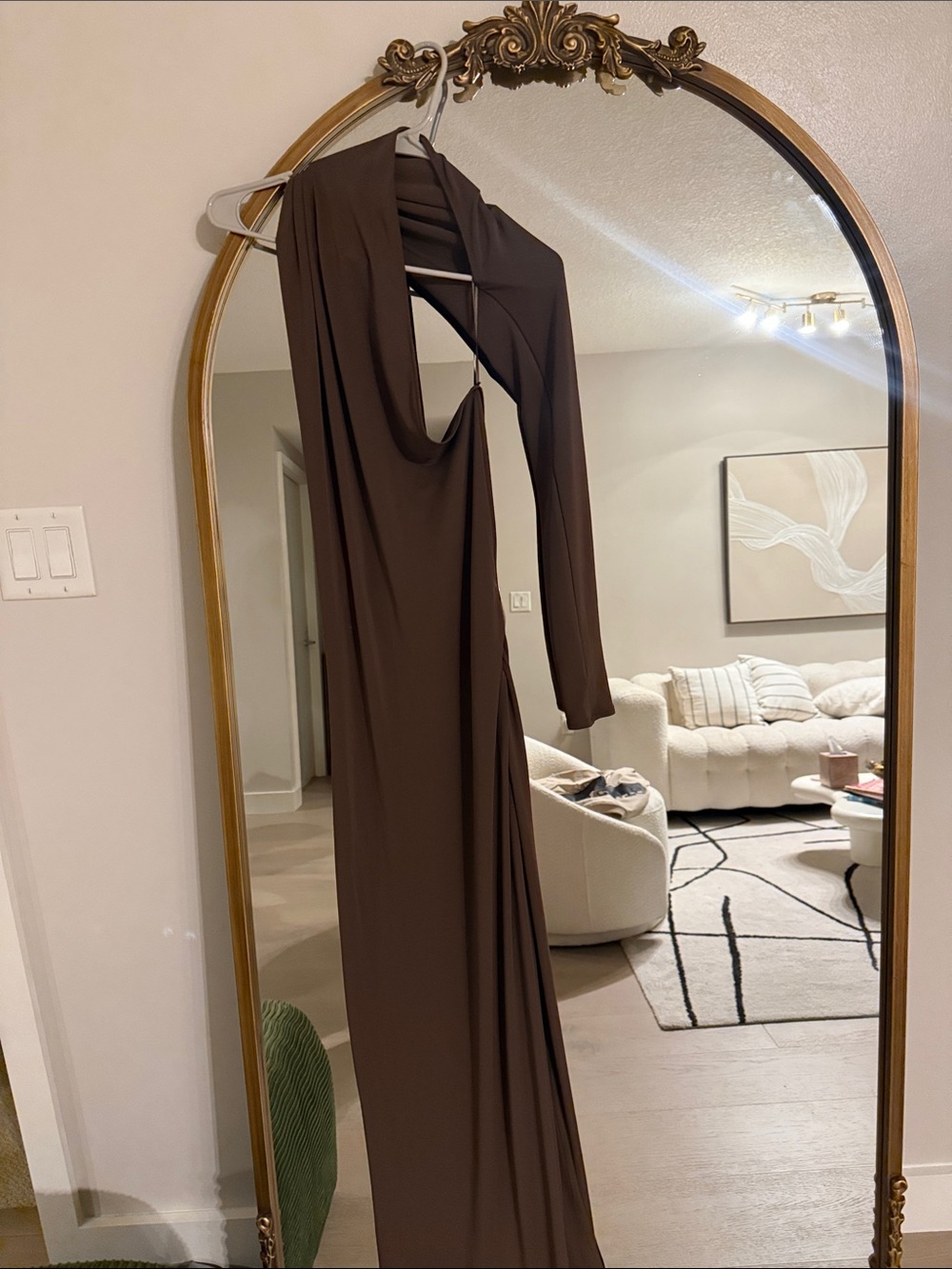 Elegant Long Sleeve Green/Brown Maxi Dress